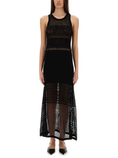 Moschino Open-knit Maxi Dress With Signature Logo In Black
