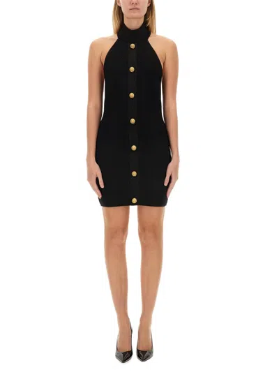 Balmain Black Dress With Pointed Collar And Logo Buttons On The Front In Wool Woman In Black