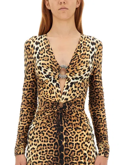Roberto Cavalli Fitted Mini Dress With Leopard Print And Embellishments In Animal Print