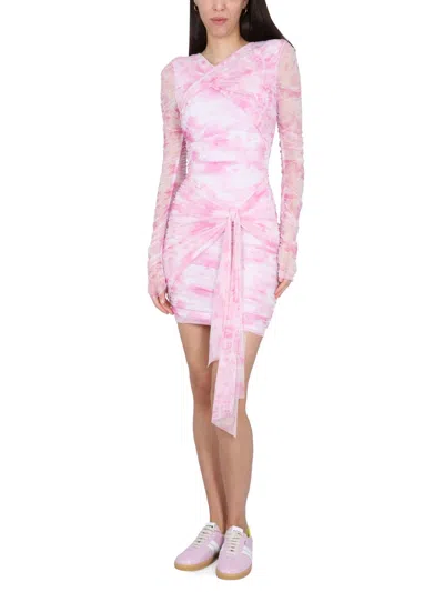 Msgm Sheer Sleeve Mini Dress Tie-dye Pattern In Pink