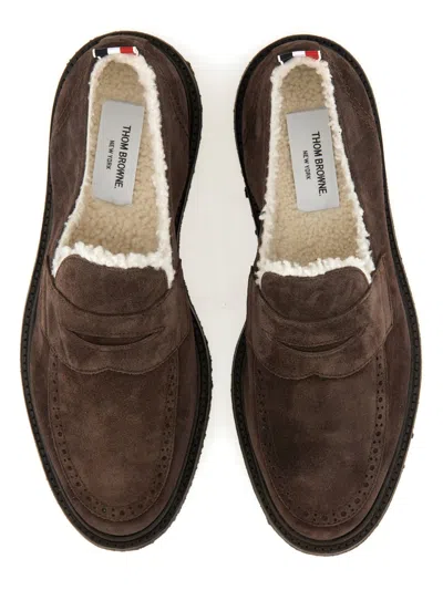 Thom Browne Dark Brown Suede Loafers With Shearling Lining And Tricolor Detail In Brown