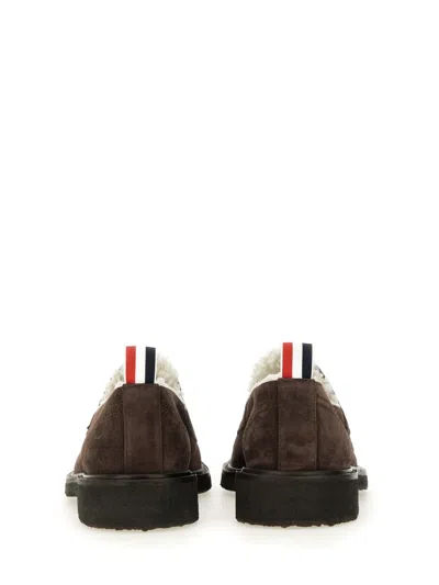 Thom Browne Dark Brown Suede Loafers With Shearling Lining And Tricolor Detail In Brown