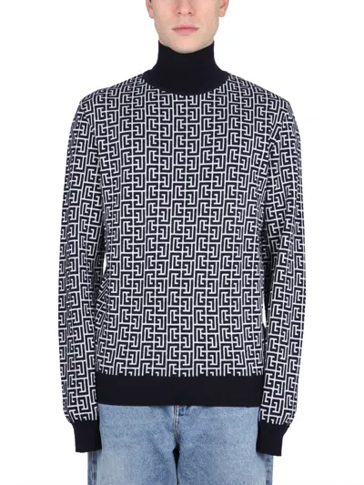 Balmain High-neck Sweater With All-over Monogram Pattern In Blue