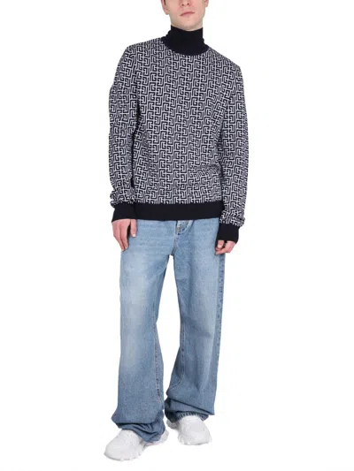 Balmain High-neck Sweater With All-over Monogram Pattern In Blue