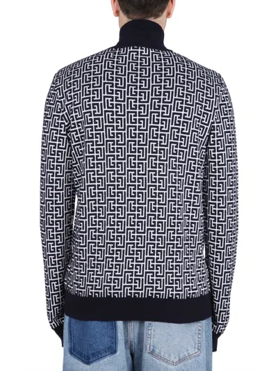 Balmain High-neck Sweater With All-over Monogram Pattern In Blue
