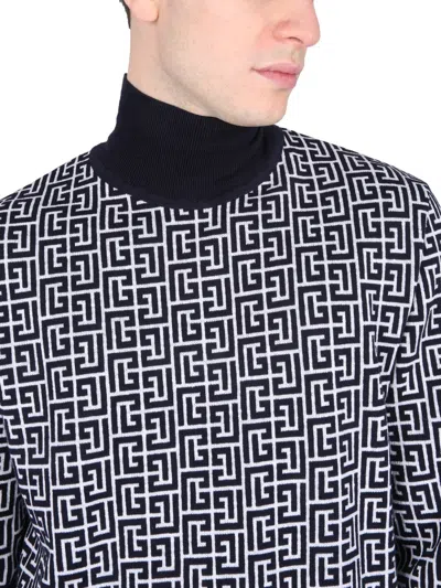 Balmain High-neck Sweater With All-over Monogram Pattern In Blue