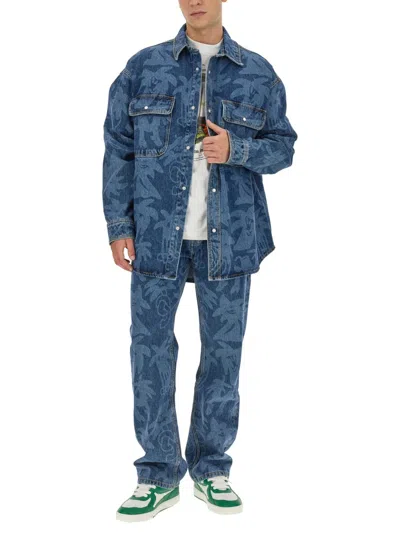 Palm Angels Printed Denim Oversize Shirt In Blue