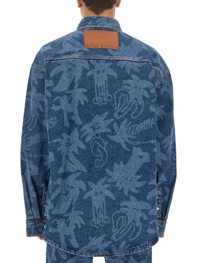 Palm Angels Printed Denim Oversize Shirt In Blue