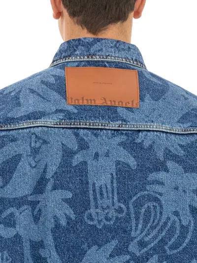 Palm Angels Printed Denim Oversize Shirt In Blue