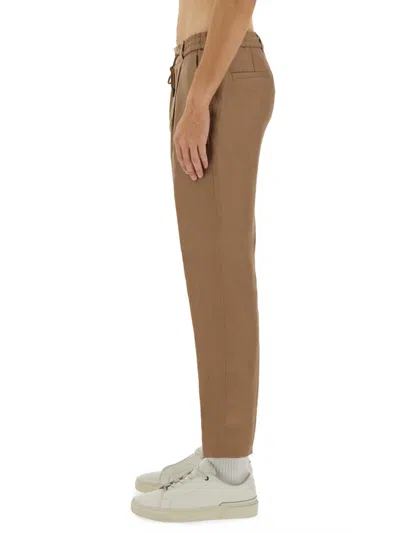 Hugo Boss Drawstring Waist Tapered Leg Trousers With Pockets In Brown