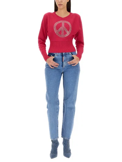 Moschino Peace Symbol Embellished Knitwear With Long Sleeves In Pink