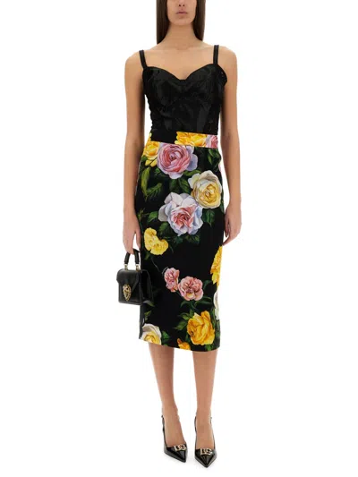 Dolce & Gabbana Black Midi Skirt With All-over Floral Print In Black