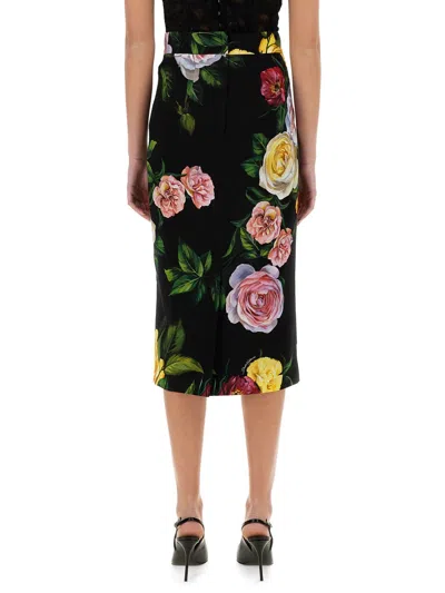 Dolce & Gabbana Black Midi Skirt With All-over Floral Print In Black