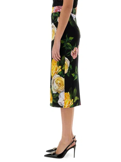 Dolce & Gabbana Black Midi Skirt With All-over Floral Print In Black