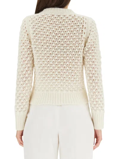 Fabiana Filippi Crew Neck Openwork Wool Blend Sweater In Neutral