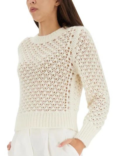 Fabiana Filippi Crew Neck Openwork Wool Blend Sweater In Neutral