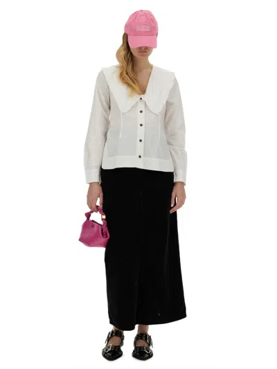 Ganni Maxi Collar Cotton Shirt In White