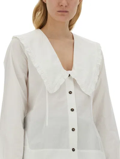 Ganni Maxi Collar Cotton Shirt In White