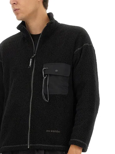 And Wander Textured Plush Black Casual Jacket With Stand Collar In Black