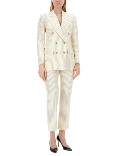 Tom Ford Wool And Silk Trouser With Striped Motif In Neutral