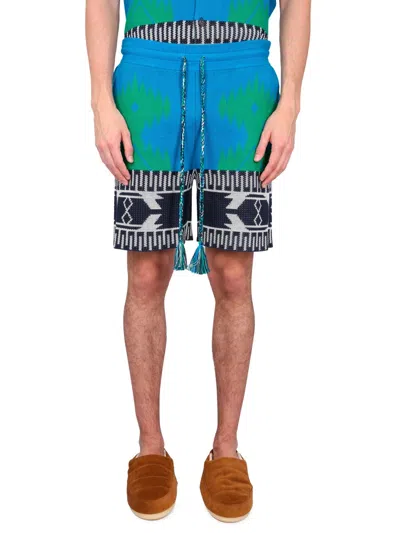 Alanui Piquet Cotton Icon Shorts With Geometric Motif In Blue