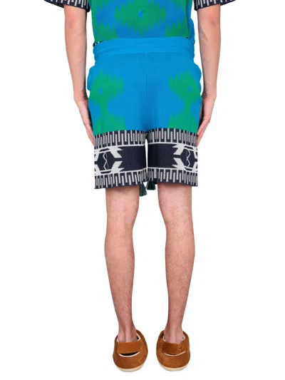 Alanui Piquet Cotton Icon Shorts With Geometric Motif In Blue