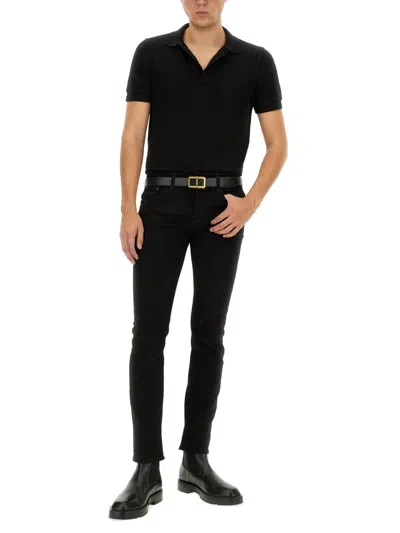 Tom Ford Classic Black Pique Polo With Textured Finish In Black