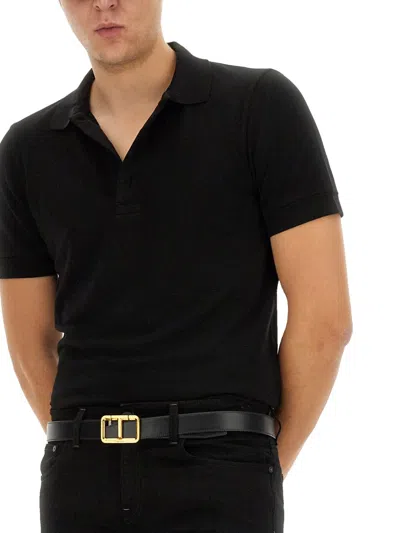 Tom Ford Classic Black Pique Polo With Textured Finish In Black