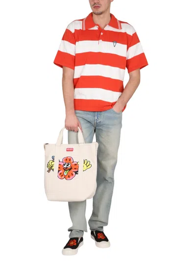 Kenzo White And Red Polo T-shirt With Embroidered Logo In Multi