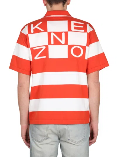 Kenzo White And Red Polo T-shirt With Embroidered Logo In Multi