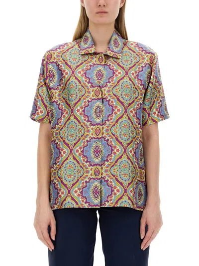 Etro Printed Silk Short Sleeve Bowling Shirt In Multi