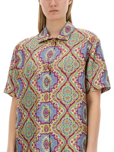 Etro Printed Silk Short Sleeve Bowling Shirt In Multi