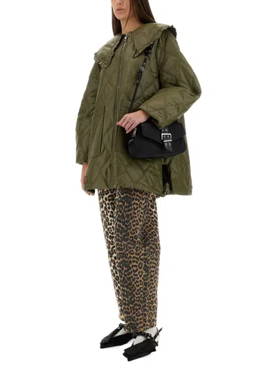 Ganni Lightweight Down Jacket With Oversized Collar In Green