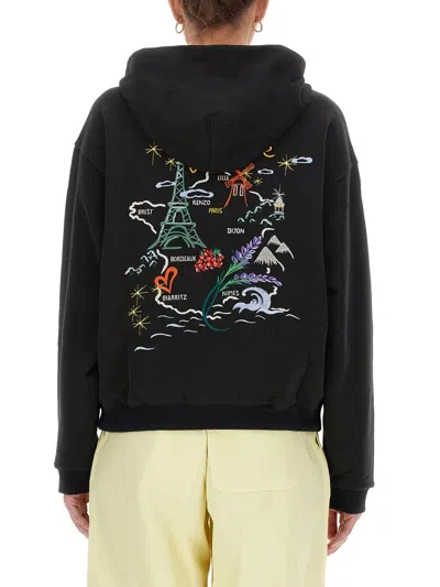 Kenzo Black Floral Embroidery Hoodie Double Face In Black