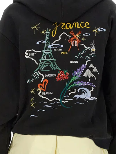 Kenzo Black Floral Embroidery Hoodie Double Face In Black