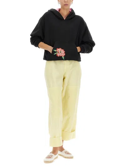 Kenzo Black Floral Embroidery Hoodie Double Face In Black