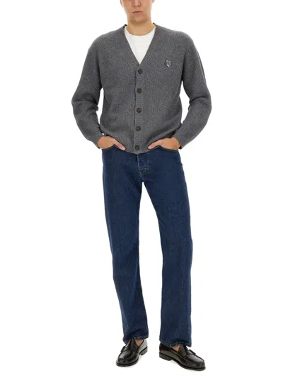 Maison Kitsuné Wool Blend Cardigan With Embroidered Foxy Patch On The Front In Gray