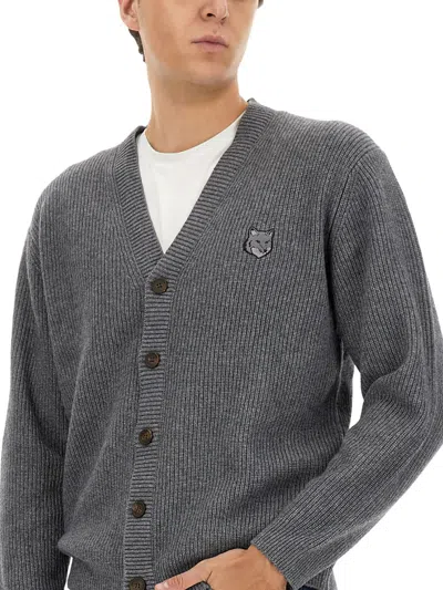 Maison Kitsuné Wool Blend Cardigan With Embroidered Foxy Patch On The Front In Gray
