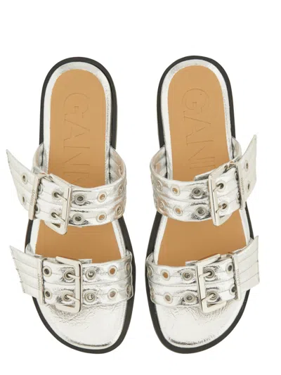Ganni Sandal With Buckle In Metallic