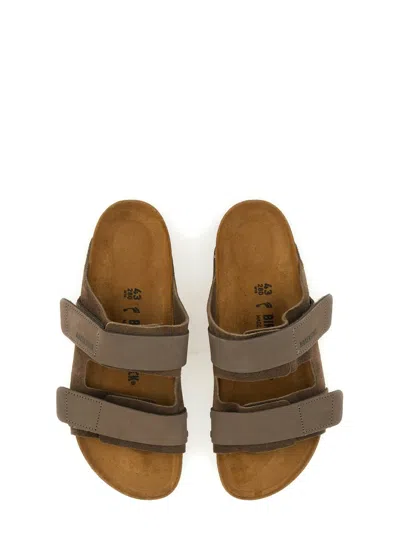 Birkenstock Uji Double-strap Mixed-leather Slides In Brown