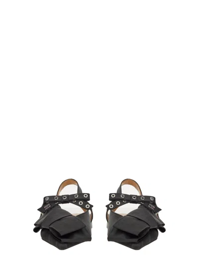 Ganni Big Bow Pointed Toe Slingback Flat In Black