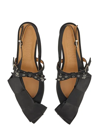 Ganni Big Bow Pointed Toe Slingback Flat In Black