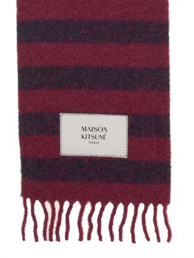 Maison Kitsuné Striped Logo Scarf Fringed Edges In Brown