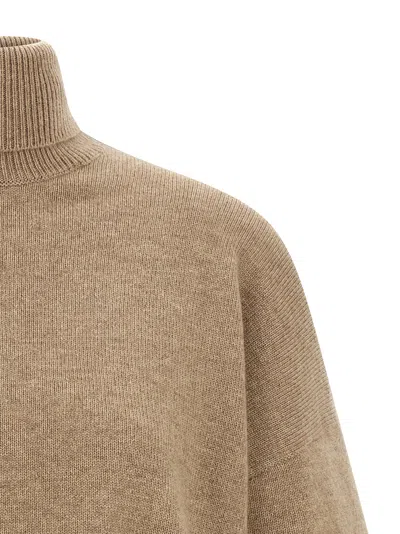 Brunello Cucinelli Cashmere Turtleneck Sweater With Sheer Sequined Sleeves In Brown