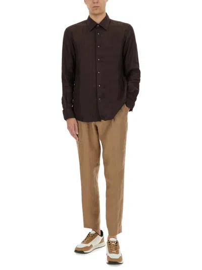 Hugo Boss Boss Camel Brown Slim Fit Linen Shirt With Button-down Front In Brown