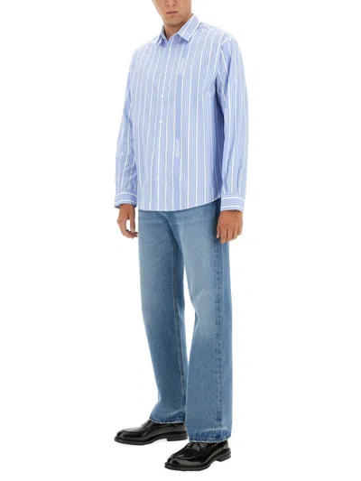 Jacquemus Simon Light Blue Shirt With All-over Stripe Motif And Logo Lettering In Cotton Man In Blue