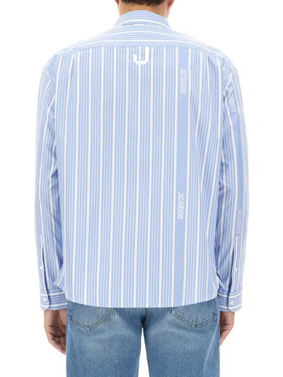 Jacquemus Simon Light Blue Shirt With All-over Stripe Motif And Logo Lettering In Cotton Man In Blue