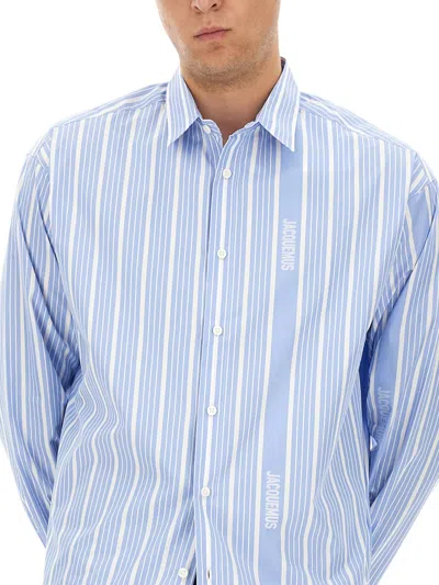 Jacquemus Simon Light Blue Shirt With All-over Stripe Motif And Logo Lettering In Cotton Man In Blue