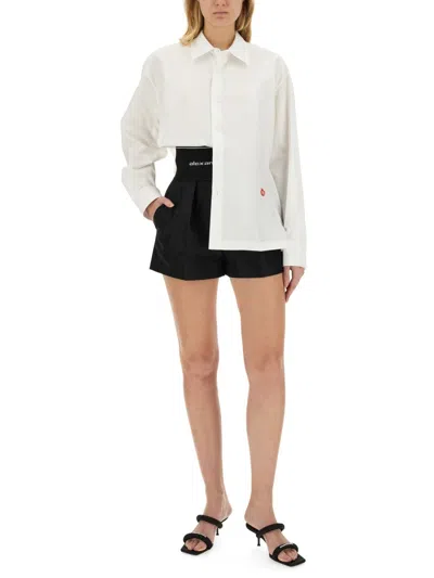 Alexander Wang Button Up Boyfriend Shirt In Compact Cotton With Apple Logo Patch In White