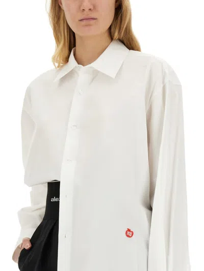 Alexander Wang Button Up Boyfriend Shirt In Compact Cotton With Apple Logo Patch In White